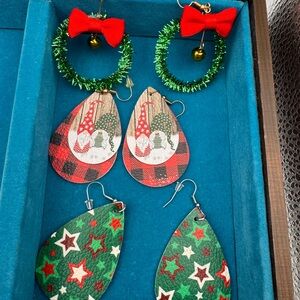 Set of 3 Christmas Holiday earrings. Wreaths, gnomes, stars